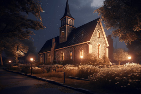 乡村夜景乡村教堂的概念图设计图片