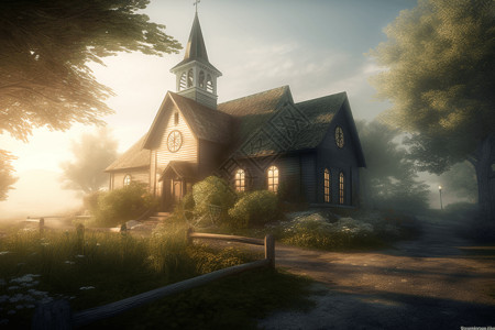 乡村教堂的3D概念图图片