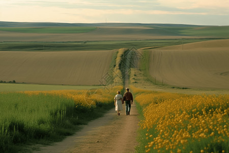 绿油油田地图片夫妇手拉手走在田野中图片背景