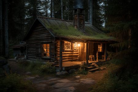 森林边缘的质朴小屋高清图片