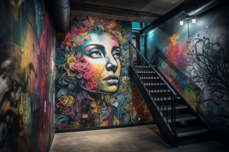 楼梯涂鸦走廊上的彩色壁画图设计图片