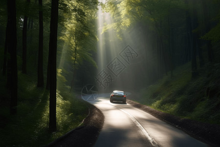 汽车在森林道路行驶图片