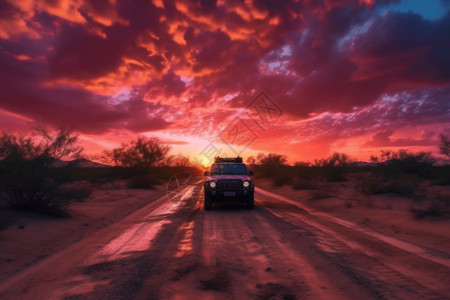 在沙漠路上行驶的汽车图片