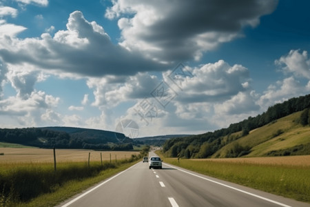 在乡村公路上行驶的汽车背景图片