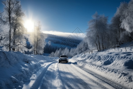 汽车在白雪覆盖的路上行驶图片