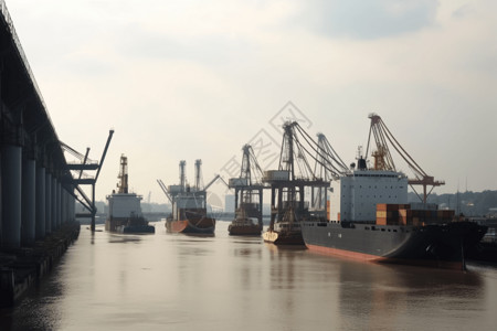 重工业区码头起重机和货船背景图片