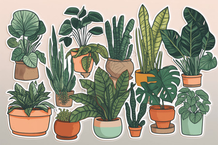室内植物的扁平贴纸艺术插图图片
