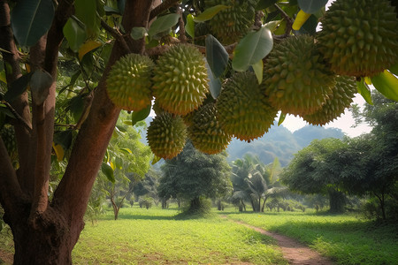 榴莲果园果树上的榴莲背景