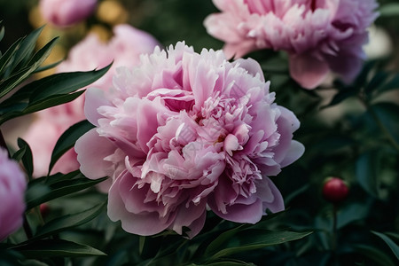 花园中粉红色牡丹花的特写镜头图片