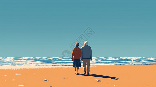 沙滩约会在晴朗的天空下海滩上老年情侣插画