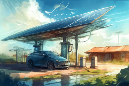 太阳能充电站下的电动汽车图片