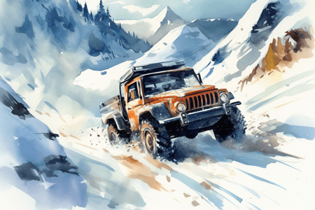 一辆新能源汽车驶过雪山山口的水彩插图插画