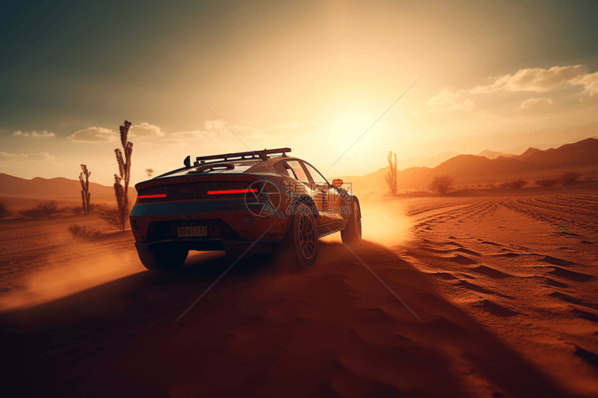 在空旷的沙漠中的赛车图片