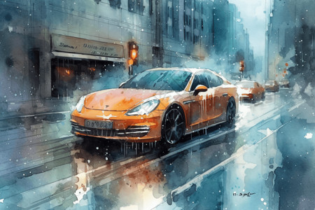 新能源汽车在多雨的城市街道上行驶的水彩画图片