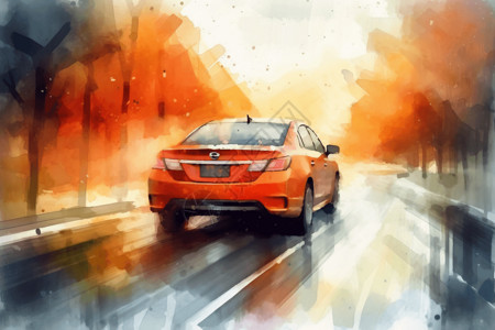 疾驰的车新能源汽车在高速公路上疾驰的水彩画插画