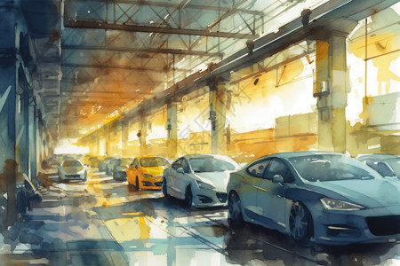 新能源出租车生产新能源汽车的汽车工厂的水彩画插画