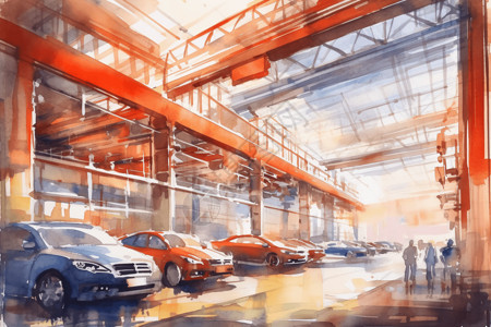 一家生产新能源汽车的汽车工厂的水彩画图片