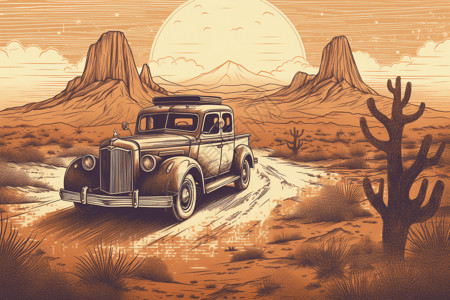 一辆古董车驶过沙漠景观图片