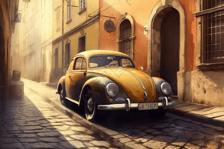 甲壳虫老爷车停在街道上的老爷车插画