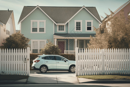 郊区街道上的家庭轿车高清图片