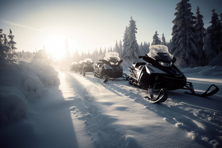 雪地上阳光下的摩托图片