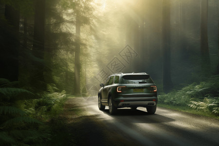 森林小道素材林间道路上的SUV车设计图片