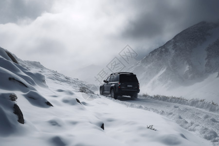 在雪地上行驶中的汽车高清图片