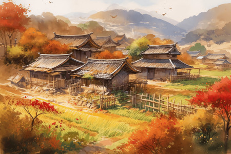 中国乡村建筑和田野背景图片