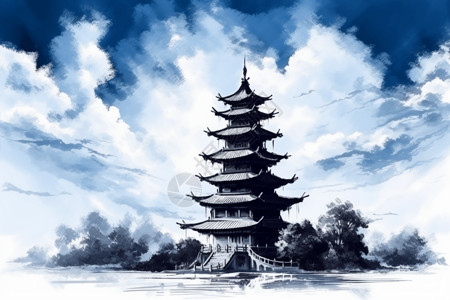 蓝天和白云的中国宝塔图片