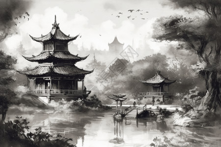 水墨中国园林建筑背景图片