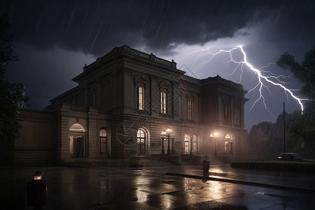 暴风雨与展览大楼高清图片