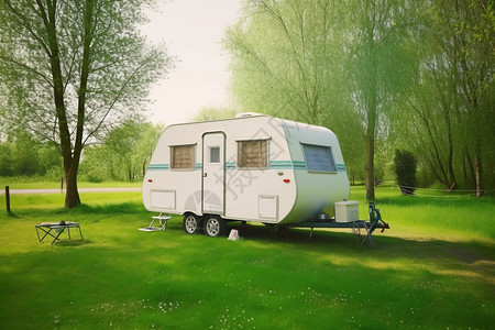 草坪上的小黄车露营地绿色草坪上的白色大篷车背景
