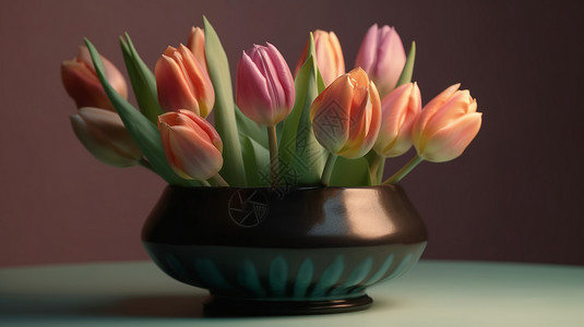 五颜六色的郁金香花瓶中绽放图片