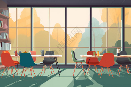 咖啡厅玻璃扁平风休息办公区插画