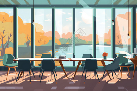 咖啡厅玻璃扁平办公会议区插画
