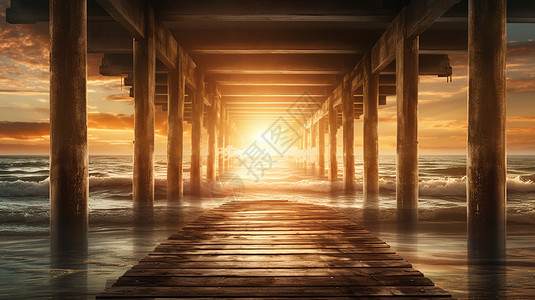 大型码头海滩上的日出背景图片