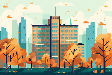 秋季的建筑插画图片