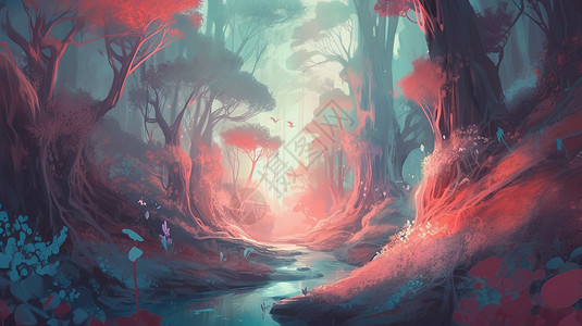 梦幻的童话森林插画背景图片