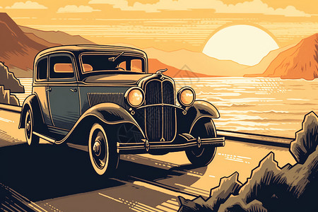 沿海高速海滩旁一辆老式汽车插画