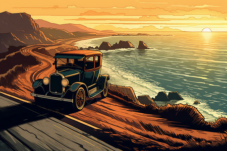 沿海高速海滩边上的汽车插画