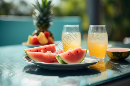 夏天菠萝西瓜和果汁背景