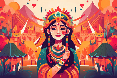 印度文化穿着传统服饰的女性插画