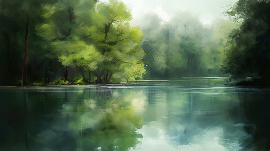 湖泊里郁郁葱葱的绿树背景图片