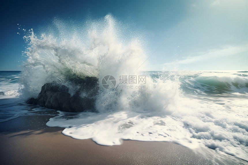 海边海浪撞击海面图片