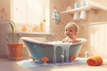 宝宝浴盆婴儿洗澡视图插画