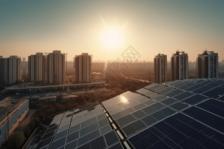 城市楼顶的太阳能板图片