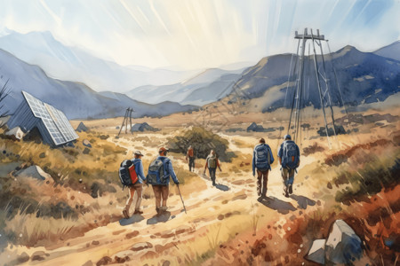一群人徒步背着装备旅行的人插画