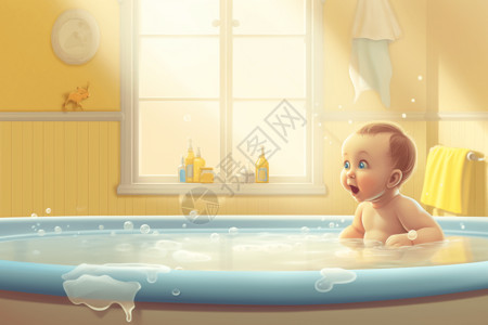 游泳照片婴儿第一次洗澡视图插画