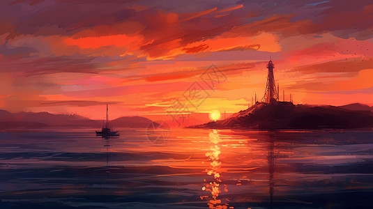 夕阳海景日落的海洋插画