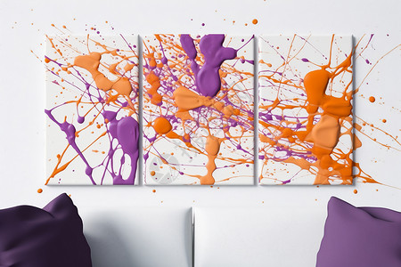 橙色清新涂料紫色橙色飞溅白色墙上插画
